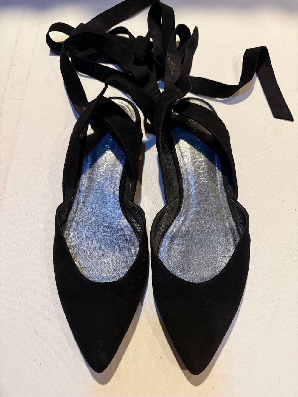 Stuart Weitzman Black Suede Pointed Tie-Back Flats with Ankle Ribbons